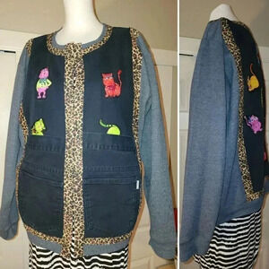 Amazing Handmade Appliqué Cats Sweatshirt Jacket Shacket Oversized Women's XL